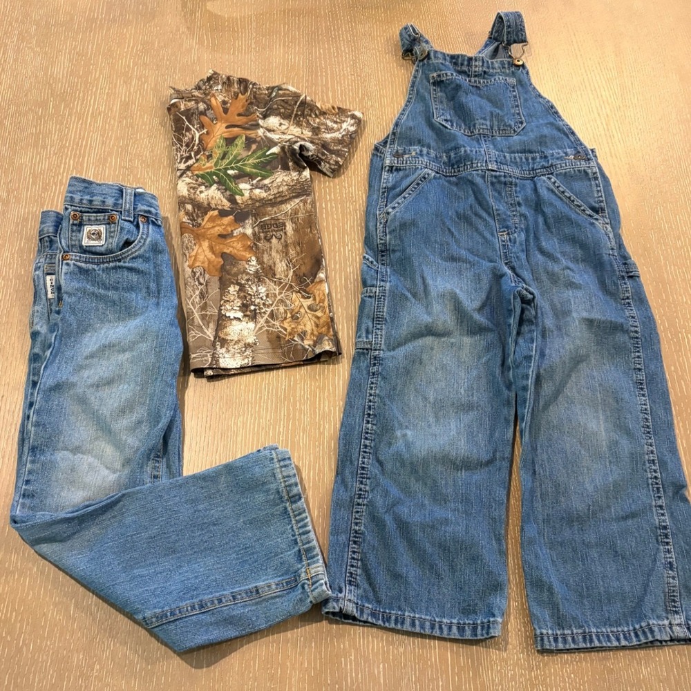 Boys 5T-6 Clothing 3pc Lot CINCH Jeans Denim Overall Magellan Camo Hunting Shirt